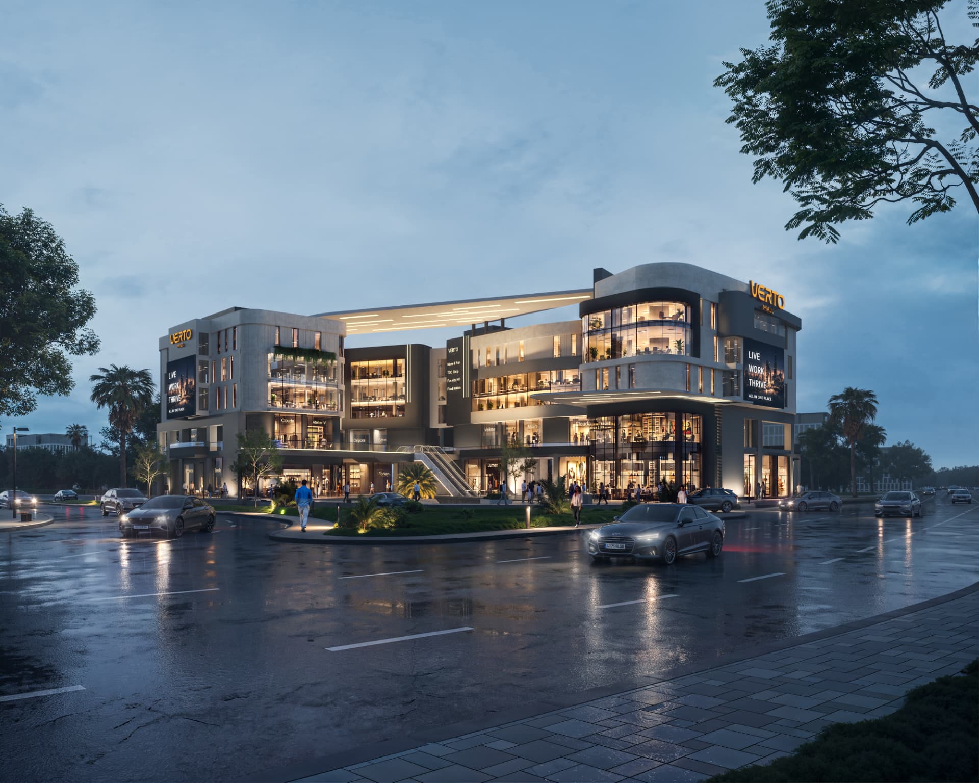 VERTO MALL illuminated at dusk from the corner junction